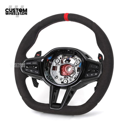 BMW Custom LCI-Style Flat Bottom Steering Wheel – Alcantara, Carbon Fibre Trims, M-Coloured Stitching, Red M Buttons, Carbon Paddles | Fits G80 M3, G82 M4, G20 3 Series, G22 4 Series, G30 5 Series + more | Plug & Play | Retrofit Upgrade for Older Models