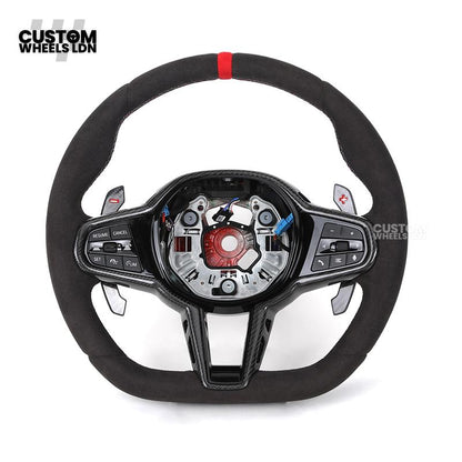 BMW Custom LCI-Style Flat Bottom Steering Wheel – Alcantara, Carbon Fibre Trims, M-Coloured Stitching, Red M Buttons, Carbon Paddles | Fits G80 M3, G82 M4, G20 3 Series, G22 4 Series, G30 5 Series + more | Plug & Play | Retrofit Upgrade for Older Models