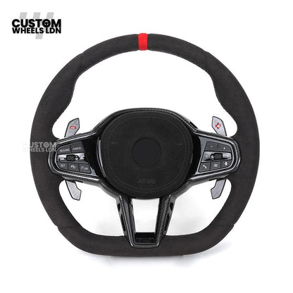 BMW Custom LCI-Style Flat Bottom Steering Wheel – Alcantara, Carbon Fibre Trims, M-Coloured Stitching, Red M Buttons, Carbon Paddles | Fits G80 M3, G82 M4, G20 3 Series, G22 4 Series, G30 5 Series + more | Plug & Play | Retrofit Upgrade for Older Models