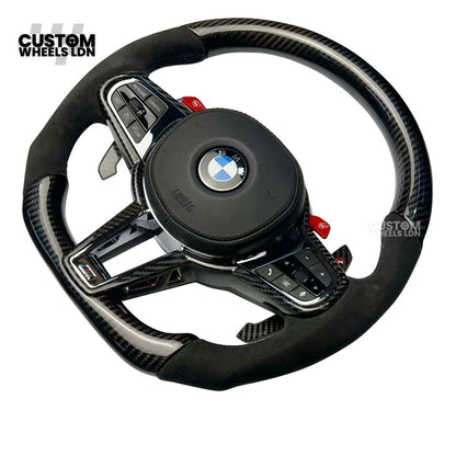 BMW Custom LCI-Style Flat Bottom Steering Wheel – Perforated Leather & Gloss Carbon Trim, Red M Buttons, Carbon Paddles, M Badge | Fits G80 M3, G82 M4, G20 3 Series, G22 4 Series, G30 5 Series + more | Plug & Play | Retrofit Upgrade for Older Models