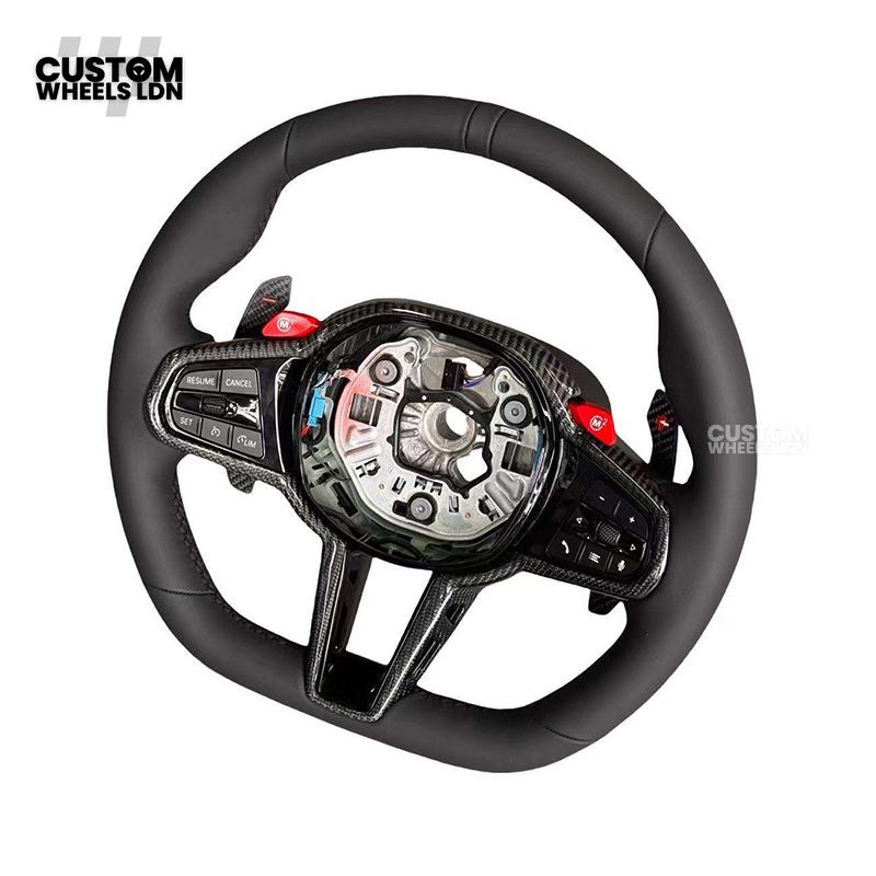 BMW Custom LCI-Style Flat Bottom Steering Wheel – Smooth Leather Grip, Gloss Carbon Fibre Trims, Red M Buttons, Carbon Paddles | Fits G80 M3, G82 M4, G20 3 Series, G22 4 Series, G30 5 Series, G15 8 Series + more | Plug & Play | Retrofit Upgrade for Older