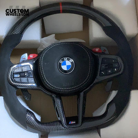 BMW Custom LCI-Style Flat Bottom Steering Wheel – Perforated Leather & Gloss Carbon Trim, Red M Buttons, Carbon Paddles, M Badge | Fits G80 M3, G82 M4, G20 3 Series, G22 4 Series, G30 5 Series + more | Plug & Play | Retrofit Upgrade for Older Models