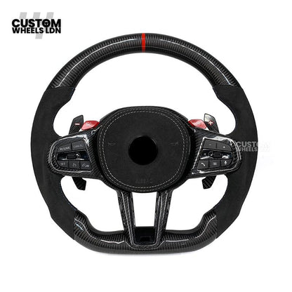BMW Custom LCI-Style Flat Bottom Steering Wheel – Perforated Leather & Gloss Carbon Trim, Red M Buttons, Carbon Paddles, M Badge | Fits G80 M3, G82 M4, G20 3 Series, G22 4 Series, G30 5 Series + more | Plug & Play | Retrofit Upgrade for Older Models