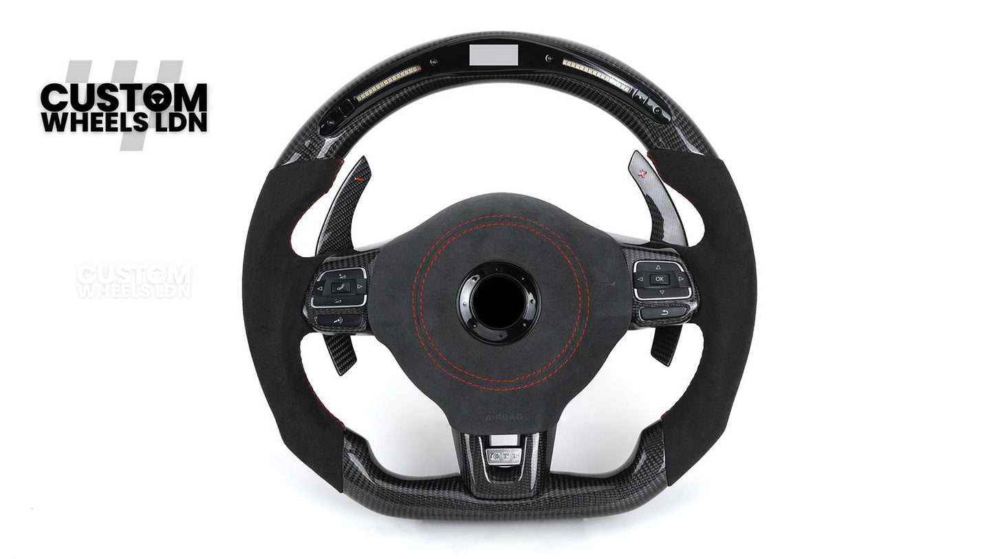 Volkswagen MK6 Custom Steering Wheel – LED Display | Alcantara & Carbon Fibre | Red Stitching | Paddle Shifters | Complete Steering Wheel | Plug & Play | Fits Golf GTI / R + more