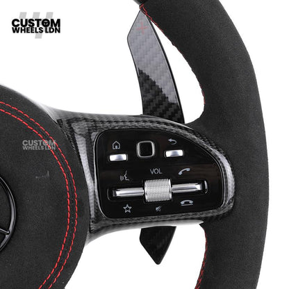 Mercedes Custom AMG Flat Bottom Steering Wheel – Alcantara & Carbon Fibre, Red Stitching, LED Display, Black Trim, Touch Buttons, AMG Badge | Fits C-Class, E-Class, CLS, GLC, GLE, G-Class + more | Plug & Play | Retrofit Upgrade for Older Model available
