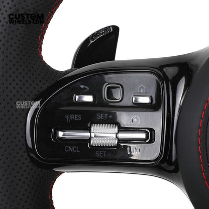 Mercedes Custom AMG LED Steering Wheel – Black AMG Trim, Red Stitching, Black Controls, Flat Bottom, Perforated Leather | AMG Badge | Plug & Play | Complete Wheel with Airbag | Retrofit Upgrade for Older Models Available | Fits W205, W213, GLC, CLS + More