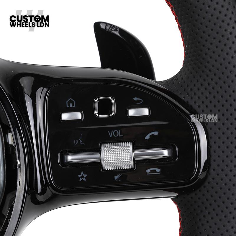 Mercedes Custom AMG Flat Bottom Steering Wheel – Perforated Leather & Gloss Carbon Fibre, LED Display, Red Stitching, Piano Black Trim, Touch Control Buttons, AMG Badge | Fits C-Class, E-Class, CLS, GLC, GLE, G-Class + more | Plug & Play | Retrofit Upgrad
