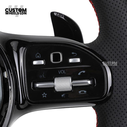 Mercedes Custom AMG Flat Bottom Steering Wheel – Perforated Leather & Gloss Carbon Fibre, LED Display, Red Stitching, Piano Black Trim, Touch Control Buttons, AMG Badge | Fits C-Class, E-Class, CLS, GLC, GLE, G-Class + more | Plug & Play | Retrofit Upgrad