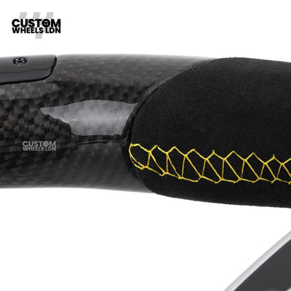 Mercedes Custom AMG Flat Bottom Steering Wheel – Alcantara & Carbon Fibre, Yellow Stitching, LED Display, Silver Trim, Touch Control Buttons, AMG Badge | Fits C-Class, E-Class, CLS, GLC, GLE, G-Class + more | Plug & Play | Retrofit Upgrade for Older Model