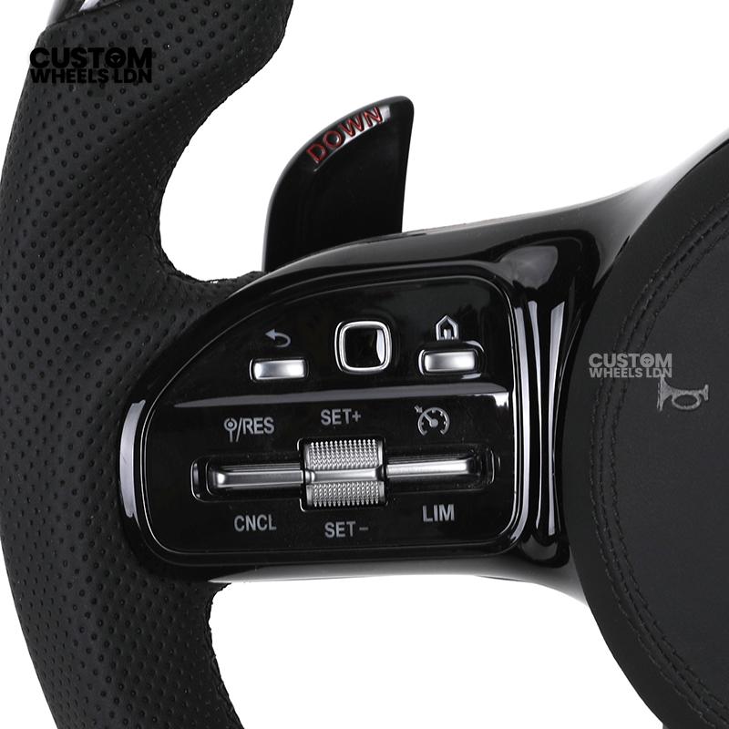 Mercedes Custom AMG Flat Bottom Steering Wheel – Perforated Leather & Gloss Carbon Fibre, LED Display, Piano Black Trim, Touch Control Buttons | Fits C-Class, E-Class, CLS, GLC, GLE, G-Class + more | Plug & Play | Retrofit Upgrade for Older Models