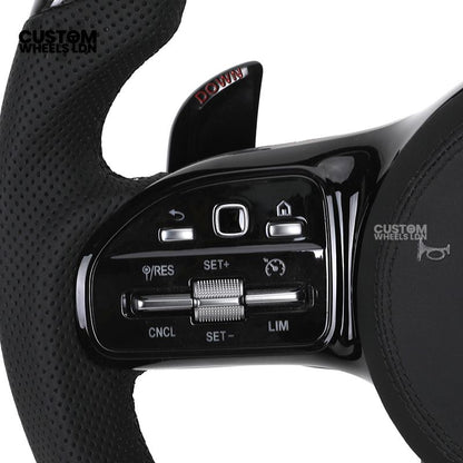 Mercedes Custom AMG Flat Bottom Steering Wheel – Perforated Leather & Gloss Carbon Fibre, LED Display, Piano Black Trim, Touch Control Buttons | Fits C-Class, E-Class, CLS, GLC, GLE, G-Class + more | Plug & Play | Retrofit Upgrade for Older Models