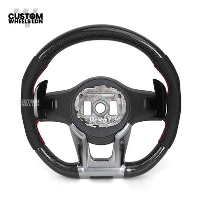 Mercedes Custom AMG Flat Bottom Steering Wheel – Perforated Leather & Carbon Fibre, LED Display, White Stitching, Brushed Silver Trim, Touch Control Buttons, AMG Badge | Fits C-Class, E-Class, CLS, GLC, GLE, G-Class + more | Plug & Play | Retrofit Upgrade
