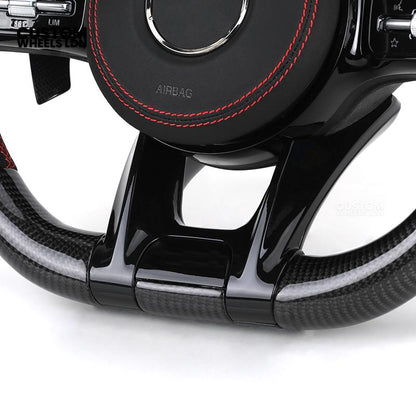 Mercedes Custom AMG Flat Bottom Steering Wheel – Perforated Leather & Gloss Carbon Fibre, LED Display, Red Stitching, Piano Black Trim, Carbon Paddles, Touch Control Buttons | Fits C-Class, E-Class, GLC, GLE, CLS, G-Class + more | Plug & Play | Retrofit U