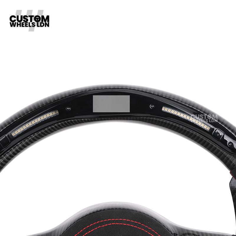 Mercedes Custom AMG Flat Bottom Steering Wheel – Alcantara & Carbon Fibre, Red Stitching, LED Display, Black Trim, Touch Buttons, AMG Badge | Fits C-Class, E-Class, CLS, GLC, GLE, G-Class + more | Plug & Play | Retrofit Upgrade for Older Model available