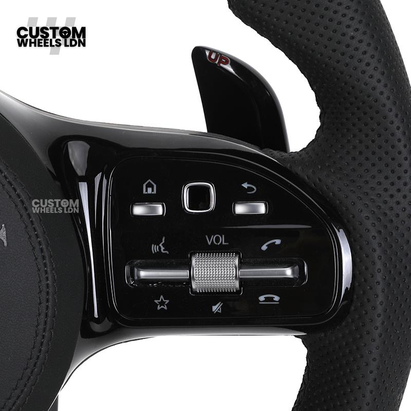Mercedes Custom AMG Flat Bottom Steering Wheel – Perforated Leather & Gloss Carbon Fibre, LED Display, Piano Black Trim, Touch Control Buttons | Fits C-Class, E-Class, CLS, GLC, GLE, G-Class + more | Plug & Play | Retrofit Upgrade for Older Models