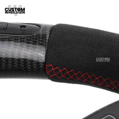 Mercedes Custom AMG Flat Bottom Steering Wheel – Alcantara & Carbon Fibre, Red Stitching, LED Display, Black Trim, Touch Buttons, AMG Badge | Fits C-Class, E-Class, CLS, GLC, GLE, G-Class + more | Plug & Play | Retrofit Upgrade for Older Model available