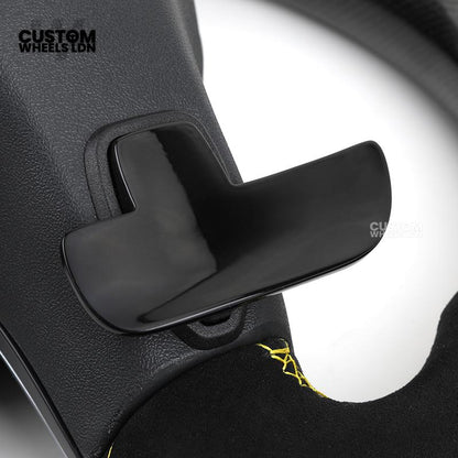 Mercedes Custom AMG Flat Bottom Steering Wheel – Alcantara & Carbon Fibre, Yellow Stitching, LED Display, Silver Trim, Touch Control Buttons, AMG Badge | Fits C-Class, E-Class, CLS, GLC, GLE, G-Class + more | Plug & Play | Retrofit Upgrade for Older Model