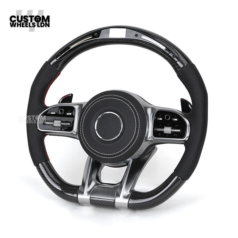 Mercedes Custom AMG Flat Bottom Steering Wheel – Perforated Leather & Carbon Fibre, LED Display, White Stitching, Brushed Silver Trim, Touch Control Buttons, AMG Badge | Fits C-Class, E-Class, CLS, GLC, GLE, G-Class + more | Plug & Play | Retrofit Upgrade
