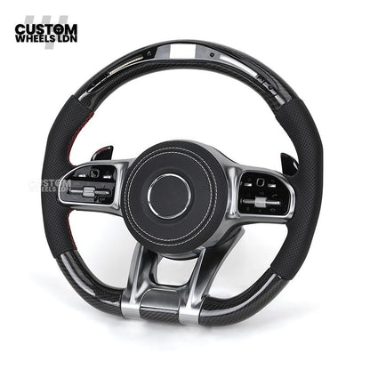 Mercedes Custom AMG Flat Bottom Steering Wheel – Perforated Leather & Carbon Fibre, LED Display, White Stitching, Brushed Silver Trim, Touch Control Buttons, AMG Badge | Fits C-Class, E-Class, CLS, GLC, GLE, G-Class + more | Plug & Play | Retrofit Upgrade