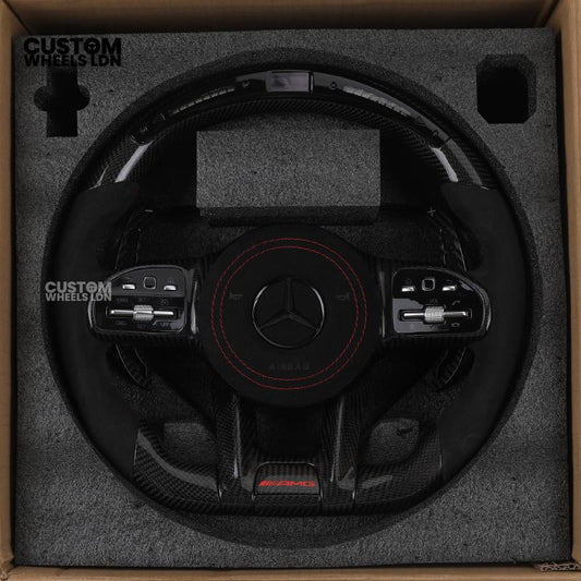Mercedes Custom AMG Flat Bottom Steering Wheel – Alcantara & Carbon Fibre, Red Stitching, LED Display, Touch Control Buttons, AMG Badge | Fits C-Class, E-Class, CLS, GLC, GLE, G-Class + more | Plug & Play | Retrofit Upgrade for Older Models Available