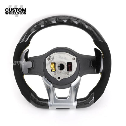Mercedes Custom AMG Flat Bottom Steering Wheel – Alcantara & Carbon Fibre, Yellow Stitching, LED Display, Silver Trim, Touch Control Buttons, AMG Badge | Fits C-Class, E-Class, CLS, GLC, GLE, G-Class + more | Plug & Play | Retrofit Upgrade for Older Model