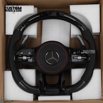Mercedes Custom AMG Flat Bottom Steering Wheel – Perforated Leather & Gloss Carbon Fibre, LED Display, Red Stitching, Piano Black Trim, Carbon Paddles, Touch Control Buttons | Fits C-Class, E-Class, GLC, GLE, CLS, G-Class + more | Plug & Play | Retrofit U