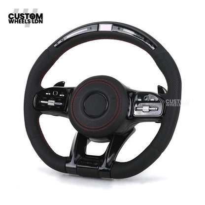 Mercedes Custom AMG LED Steering Wheel – Black AMG Trim, Red Stitching, Black Controls, Flat Bottom, Perforated Leather | AMG Badge | Plug & Play | Complete Wheel with Airbag | Retrofit Upgrade for Older Models Available | Fits W205, W213, GLC, CLS + More