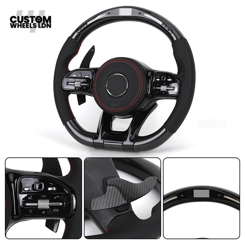 Mercedes Custom AMG Flat Bottom Steering Wheel – Perforated Leather & Gloss Carbon Fibre, LED Display, Red Stitching, Piano Black Trim, Carbon Paddles, Touch Control Buttons | Fits C-Class, E-Class, GLC, GLE, CLS, G-Class + more | Plug & Play | Retrofit U