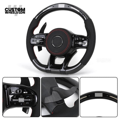 Mercedes Custom AMG Flat Bottom Steering Wheel – Perforated Leather & Gloss Carbon Fibre, LED Display, Red Stitching, Piano Black Trim, Carbon Paddles, Touch Control Buttons | Fits C-Class, E-Class, GLC, GLE, CLS, G-Class + more | Plug & Play | Retrofit U
