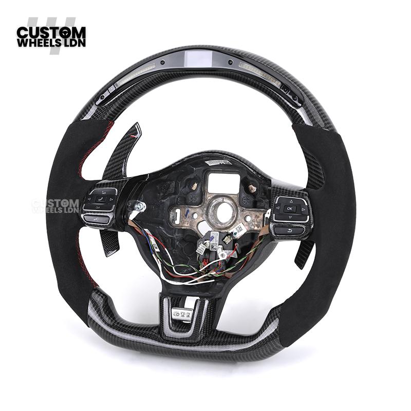 Volkswagen MK6 Custom Steering Wheel – LED Display | Alcantara & Carbon Fibre | Red Stitching | Paddle Shifters | Complete Steering Wheel | Plug & Play | Fits Golf GTI / R + more