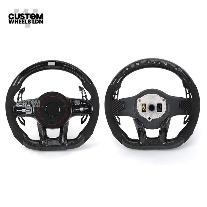 Mercedes Custom AMG Flat Bottom Steering Wheel – Alcantara & Carbon Fibre, Red Stitching, LED Display, Touch Control Buttons, AMG Badge | Fits C-Class, E-Class, CLS, GLC, GLE, G-Class + more | Plug & Play | Retrofit Upgrade for Older Models Available
