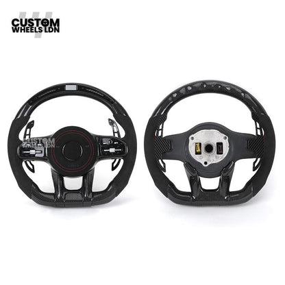 Mercedes Custom AMG Flat Bottom Steering Wheel – Alcantara & Carbon Fibre, Red Stitching, LED Display, Touch Control Buttons, AMG Badge | Fits C-Class, E-Class, CLS, GLC, GLE, G-Class + more | Plug & Play | Retrofit Upgrade for Older Models Available