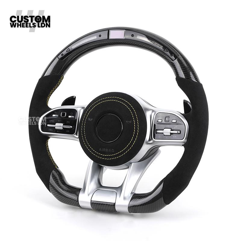 Mercedes Custom AMG Flat Bottom Steering Wheel – Alcantara & Carbon Fibre, Yellow Stitching, LED Display, Silver Trim, Touch Control Buttons, AMG Badge | Fits C-Class, E-Class, CLS, GLC, GLE, G-Class + more | Plug & Play | Retrofit Upgrade for Older Model