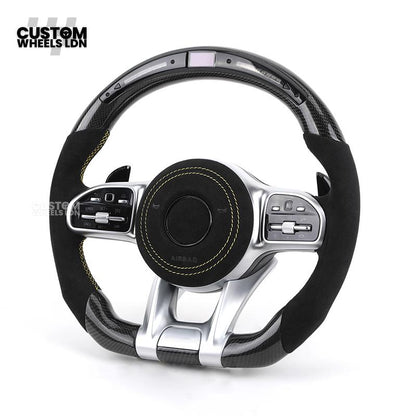 Mercedes Custom AMG Flat Bottom Steering Wheel – Alcantara & Carbon Fibre, Yellow Stitching, LED Display, Silver Trim, Touch Control Buttons, AMG Badge | Fits C-Class, E-Class, CLS, GLC, GLE, G-Class + more | Plug & Play | Retrofit Upgrade for Older Model