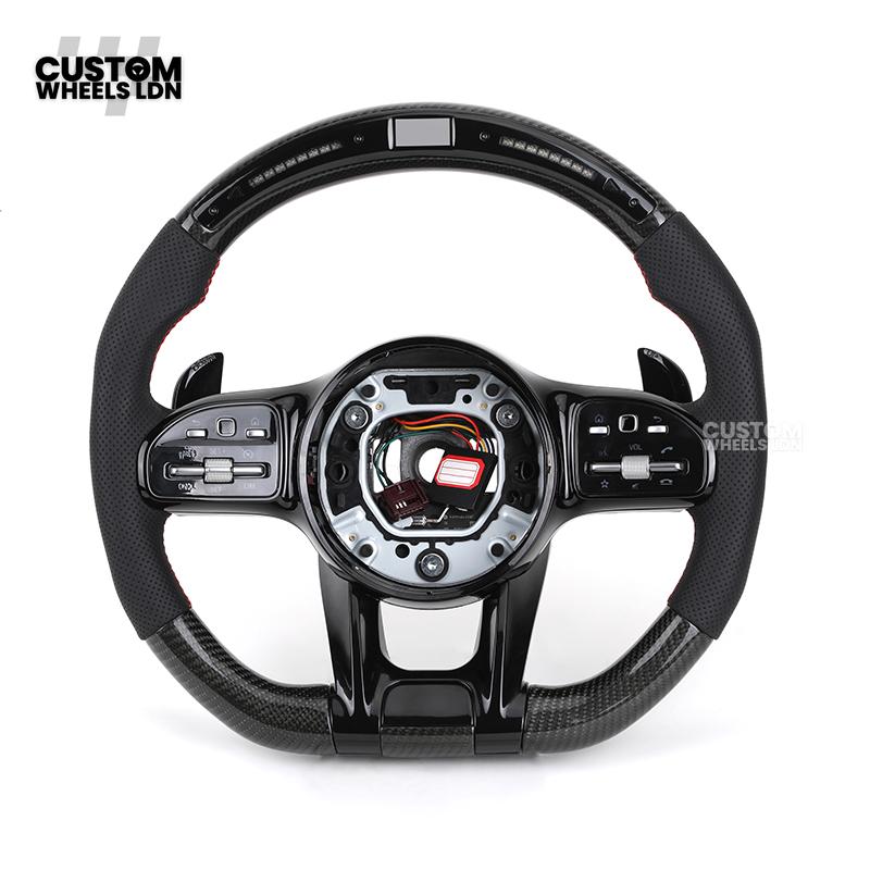 Mercedes Custom AMG Flat Bottom Steering Wheel – Perforated Leather & Gloss Carbon Fibre, LED Display, Red Stitching, Piano Black Trim, Touch Control Buttons, AMG Badge | Fits C-Class, E-Class, CLS, GLC, GLE, G-Class + more | Plug & Play | Retrofit Upgrad