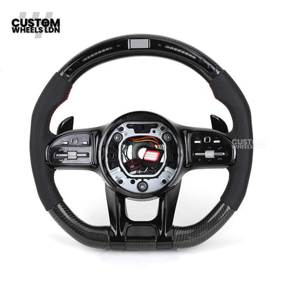 Mercedes Custom AMG Flat Bottom Steering Wheel – Perforated Leather & Gloss Carbon Fibre, LED Display, Red Stitching, Piano Black Trim, Touch Control Buttons, AMG Badge | Fits C-Class, E-Class, CLS, GLC, GLE, G-Class + more | Plug & Play | Retrofit Upgrad