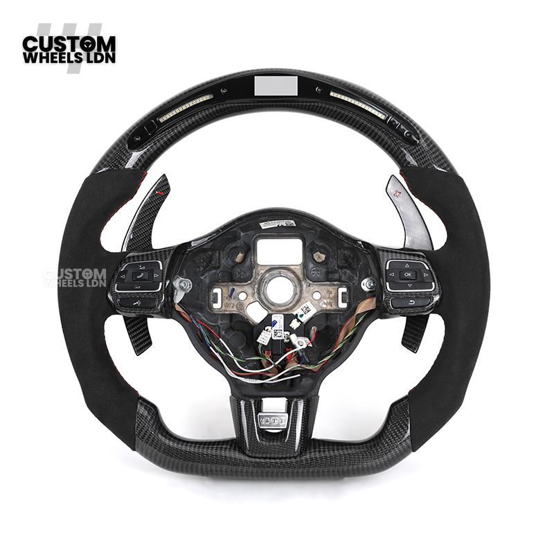 Volkswagen MK6 Custom Steering Wheel – LED Display | Alcantara & Carbon Fibre | Red Stitching | Paddle Shifters | Complete Steering Wheel | Plug & Play | Fits Golf GTI / R + more
