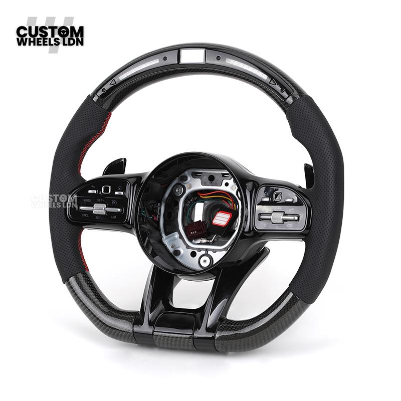 Mercedes Custom AMG Flat Bottom Steering Wheel – Perforated Leather & Gloss Carbon Fibre, LED Display, Red Stitching, Piano Black Trim, Touch Control Buttons, AMG Badge | Fits C-Class, E-Class, CLS, GLC, GLE, G-Class + more | Plug & Play | Retrofit Upgrad