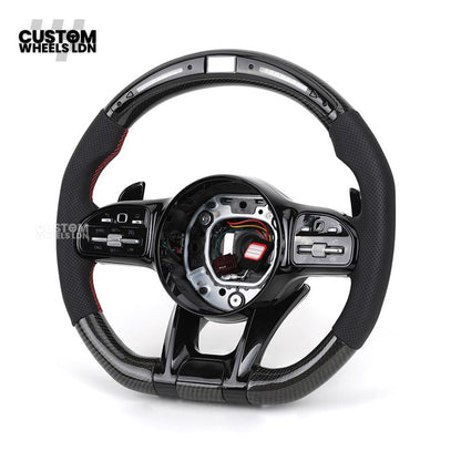 Mercedes Custom AMG Flat Bottom Steering Wheel – Perforated Leather & Gloss Carbon Fibre, LED Display, Red Stitching, Piano Black Trim, Touch Control Buttons, AMG Badge | Fits C-Class, E-Class, CLS, GLC, GLE, G-Class + more | Plug & Play | Retrofit Upgrad