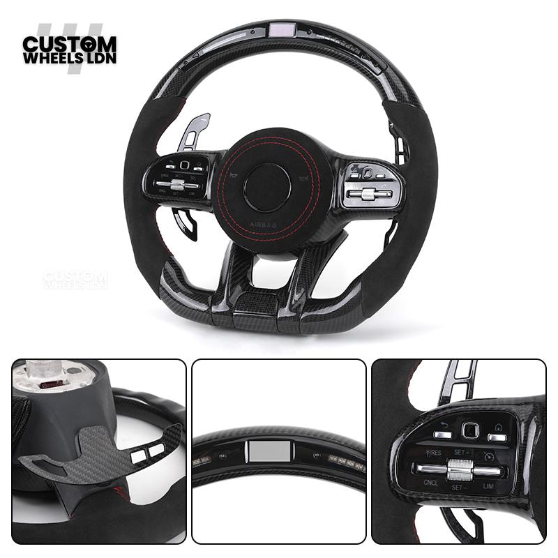 Mercedes Custom AMG Flat Bottom Steering Wheel – Alcantara & Carbon Fibre, Red Stitching, LED Display, Touch Control Buttons, AMG Badge | Fits C-Class, E-Class, CLS, GLC, GLE, G-Class + more | Plug & Play | Retrofit Upgrade for Older Models Available