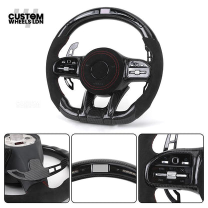 Mercedes Custom AMG Flat Bottom Steering Wheel – Alcantara & Carbon Fibre, Red Stitching, LED Display, Touch Control Buttons, AMG Badge | Fits C-Class, E-Class, CLS, GLC, GLE, G-Class + more | Plug & Play | Retrofit Upgrade for Older Models Available