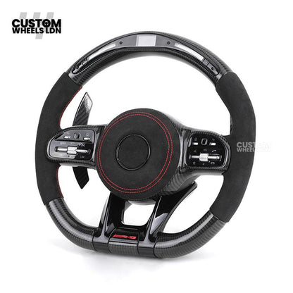 Mercedes Custom AMG Flat Bottom Steering Wheel – Alcantara & Carbon Fibre, Red Stitching, LED Display, Black Trim, Touch Buttons, AMG Badge | Fits C-Class, E-Class, CLS, GLC, GLE, G-Class + more | Plug & Play | Retrofit Upgrade for Older Model available