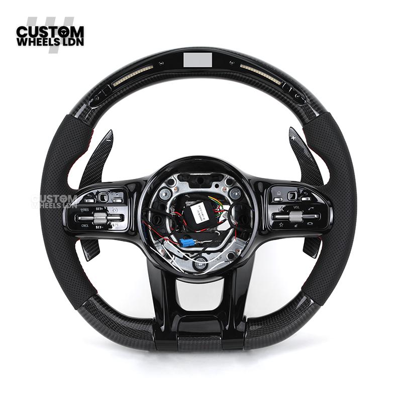 Mercedes Custom AMG Flat Bottom Steering Wheel – Perforated Leather & Gloss Carbon Fibre, LED Display, Red Stitching, Piano Black Trim, Carbon Paddles, Touch Control Buttons | Fits C-Class, E-Class, GLC, GLE, CLS, G-Class + more | Plug & Play | Retrofit U