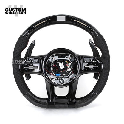 Mercedes Custom AMG Flat Bottom Steering Wheel – Perforated Leather & Gloss Carbon Fibre, LED Display, Red Stitching, Piano Black Trim, Carbon Paddles, Touch Control Buttons | Fits C-Class, E-Class, GLC, GLE, CLS, G-Class + more | Plug & Play | Retrofit U