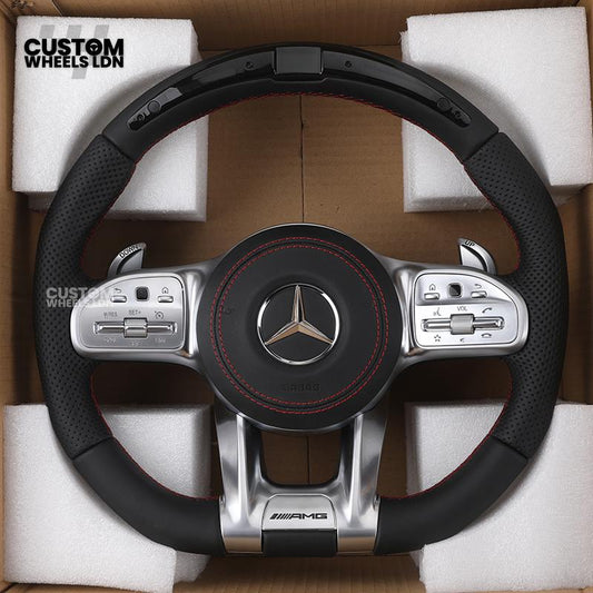 Mercedes Custom AMG Flat Bottom LED Steering Wheel – Black Leather, Perforated Sides, Red Stitching, Classic Buttons & Silver Paddles | AMG Trim | Fits W205, W213, GLC, GLE, CLS + more | Plug & Play | With Airbag | Retrofit possible for Older Models