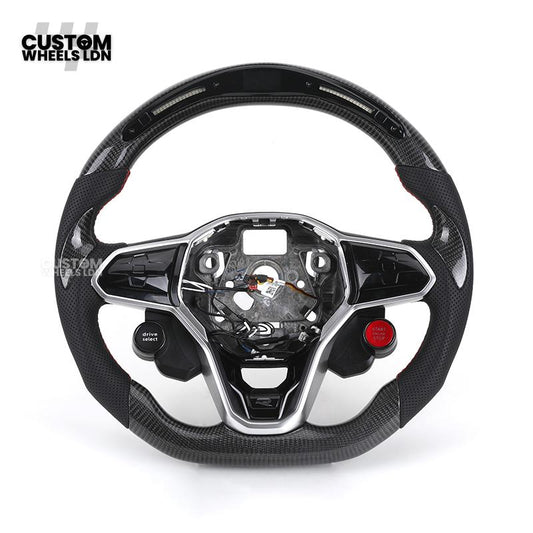 Volkswagen Custom Carbon Steering Wheel | R8-Style with LED Shift Lights, Drive Select & Start/Stop Buttons | Flat Bottom | Perforated Leather | Fits Golf R, GTI, Scirocco, Polo, Passat + more