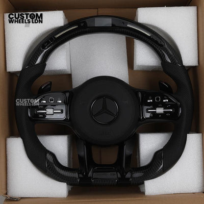 Mercedes Custom AMG Flat Bottom Steering Wheel – Perforated Leather & Gloss Carbon Fibre, LED Display, Piano Black Trim, Touch Control Buttons | Fits C-Class, E-Class, CLS, GLC, GLE, G-Class + more | Plug & Play | Retrofit Upgrade for Older Models