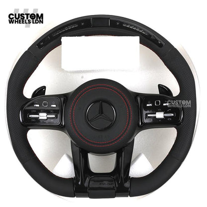 Mercedes Custom AMG LED Steering Wheel – Black AMG Trim, Red Stitching, Black Controls, Flat Bottom, Perforated Leather | AMG Badge | Plug & Play | Complete Wheel with Airbag | Retrofit Upgrade for Older Models Available | Fits W205, W213, GLC, CLS + More