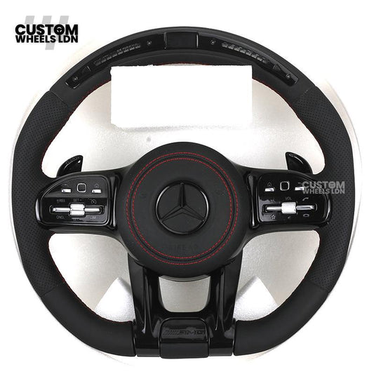 Mercedes Custom AMG LED Steering Wheel – Black AMG Trim, Red Stitching, Black Controls, Flat Bottom, Perforated Leather | AMG Badge | Plug & Play | Complete Wheel with Airbag | Retrofit Upgrade for Older Models Available | Fits W205, W213, GLC, CLS + More