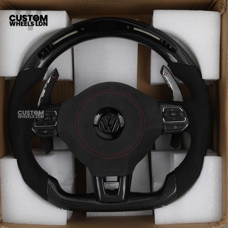 Volkswagen MK6 Custom Steering Wheel – LED Display | Alcantara & Carbon Fibre | Red Stitching | Paddle Shifters | Complete Steering Wheel | Plug & Play | Fits Golf GTI / R + more